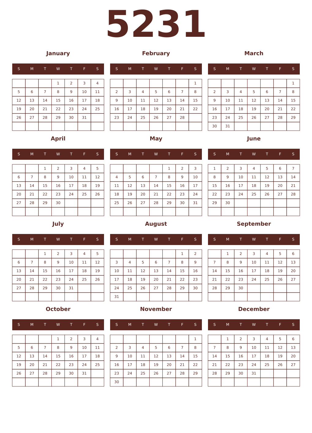 Printable 5231 Year Calendars mortuum