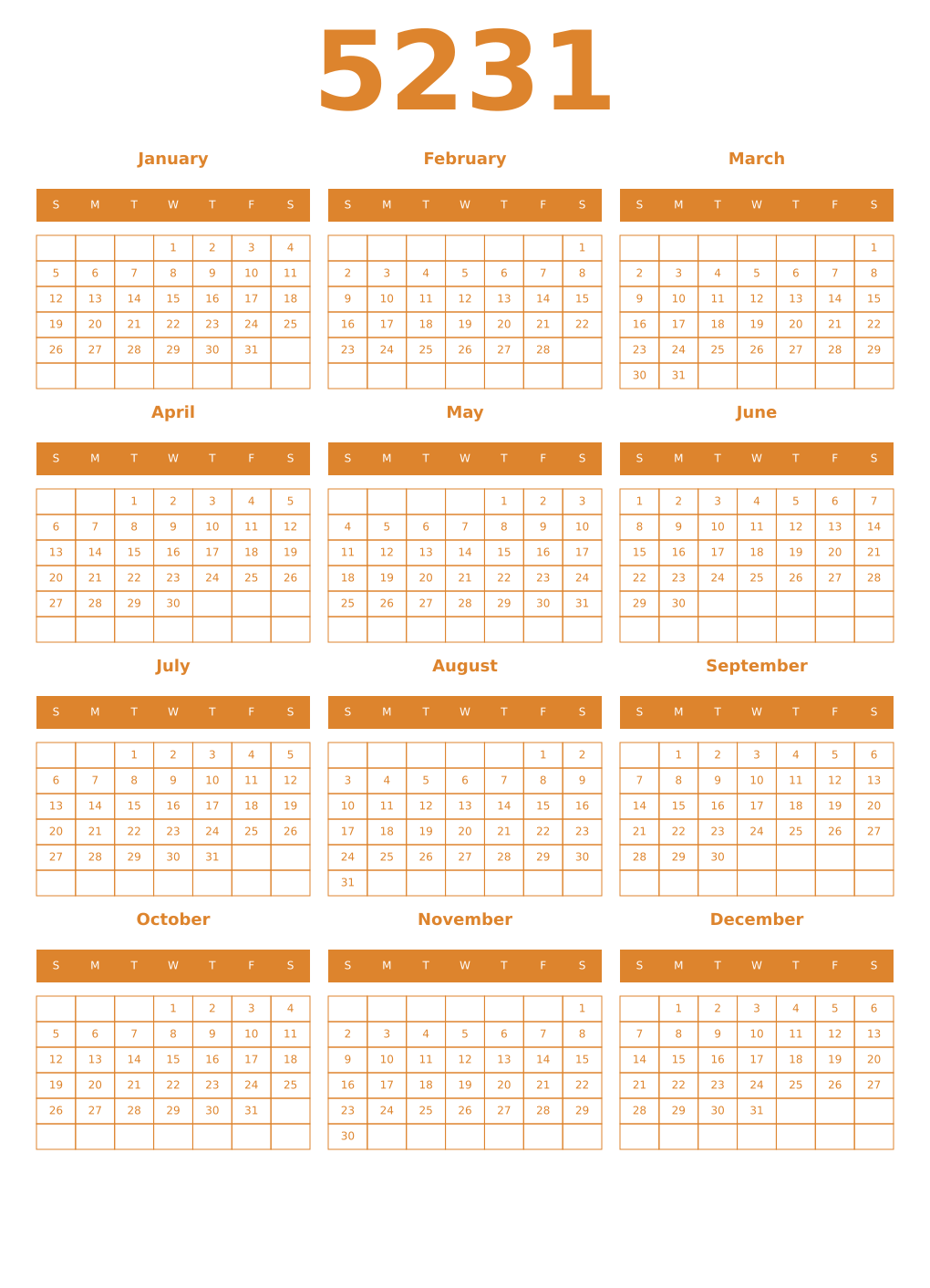 Printable 5231 Year Calendars orange
