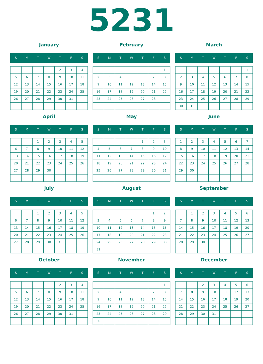 Printable 5231 Year Calendars pastel