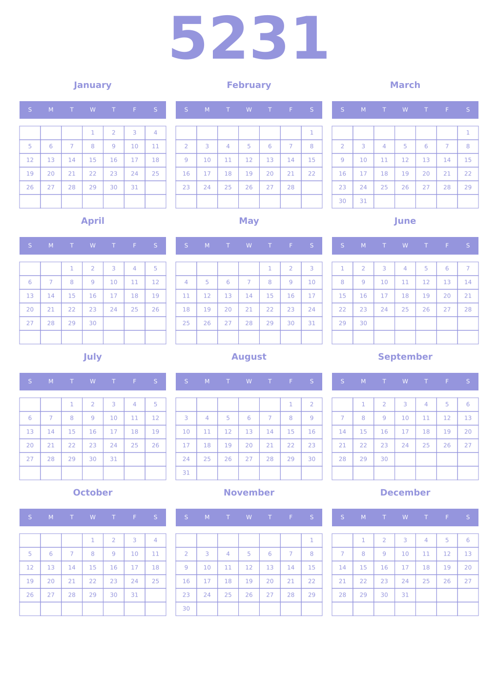 Printable 5231 Year Calendars periwinkle