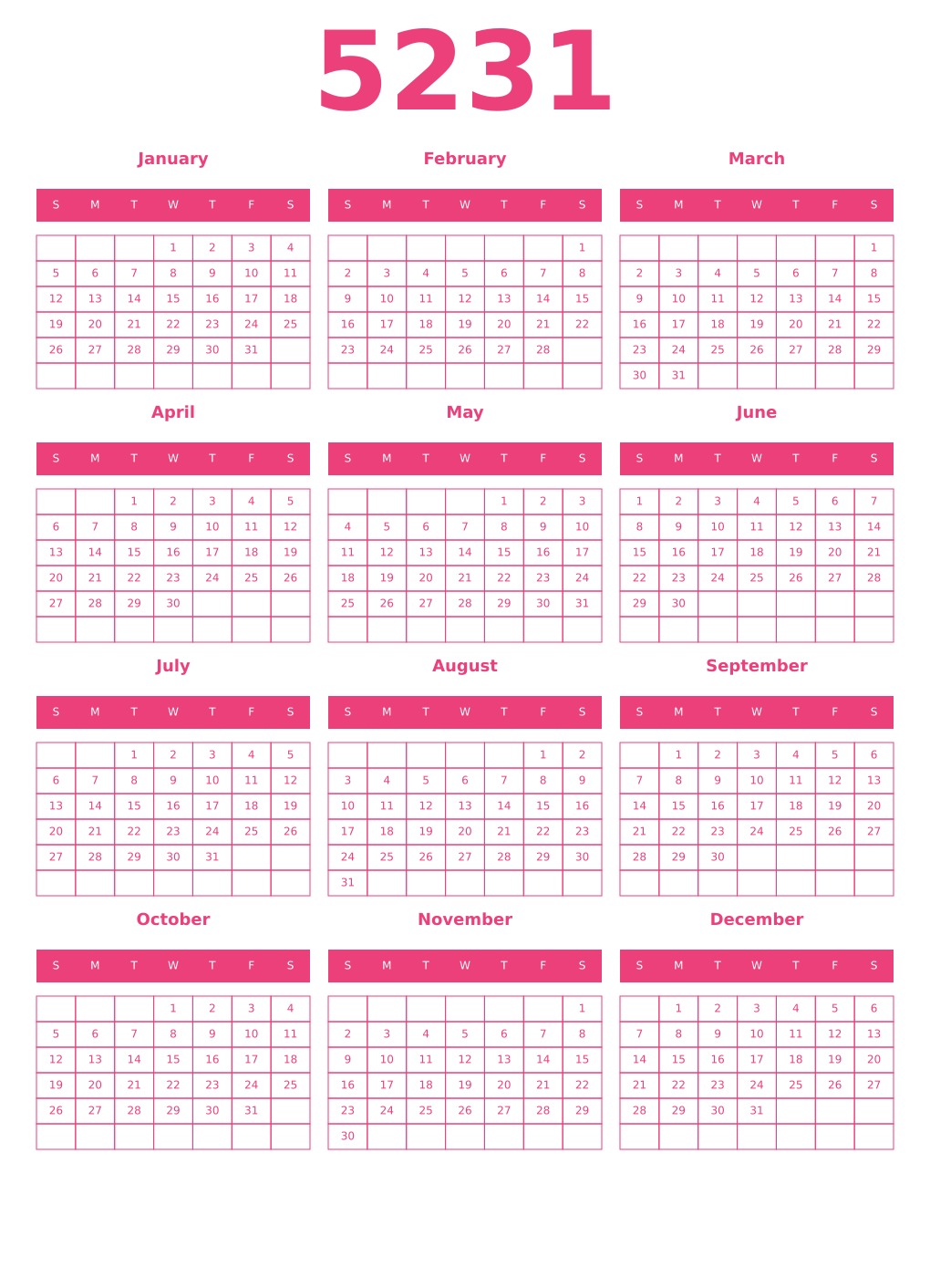 Printable 5231 Year Calendars pink