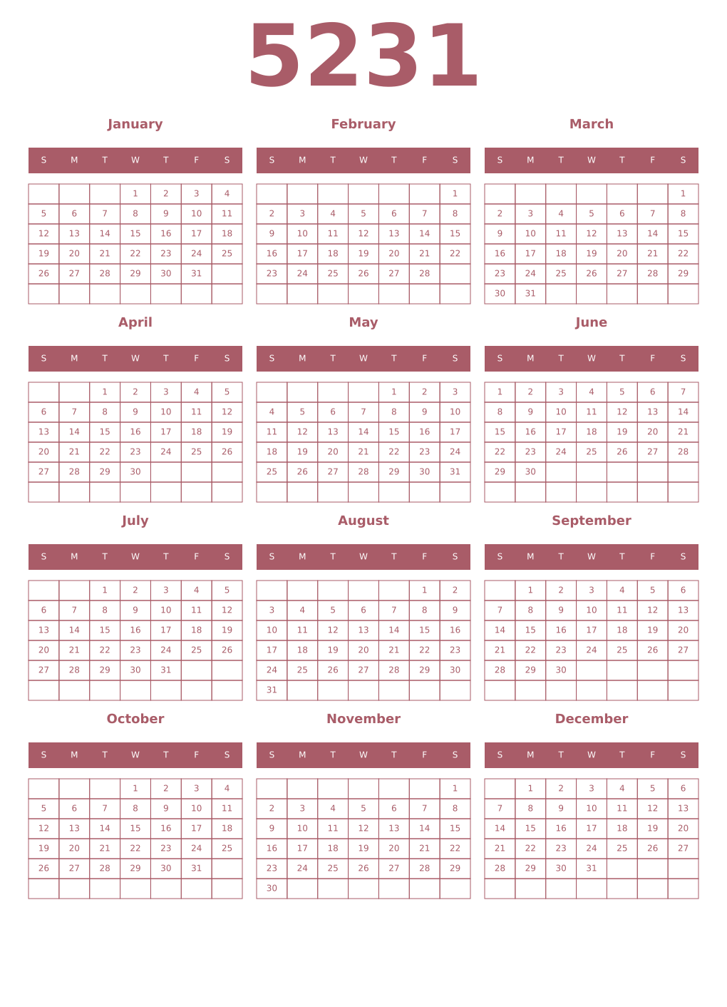 Printable 5231 Year Calendars puce