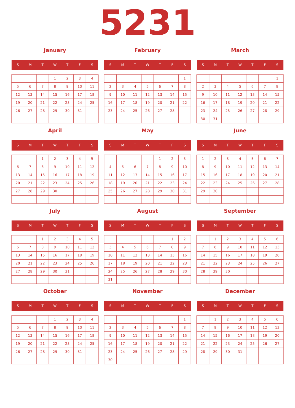 Printable 5231 Year Calendars red