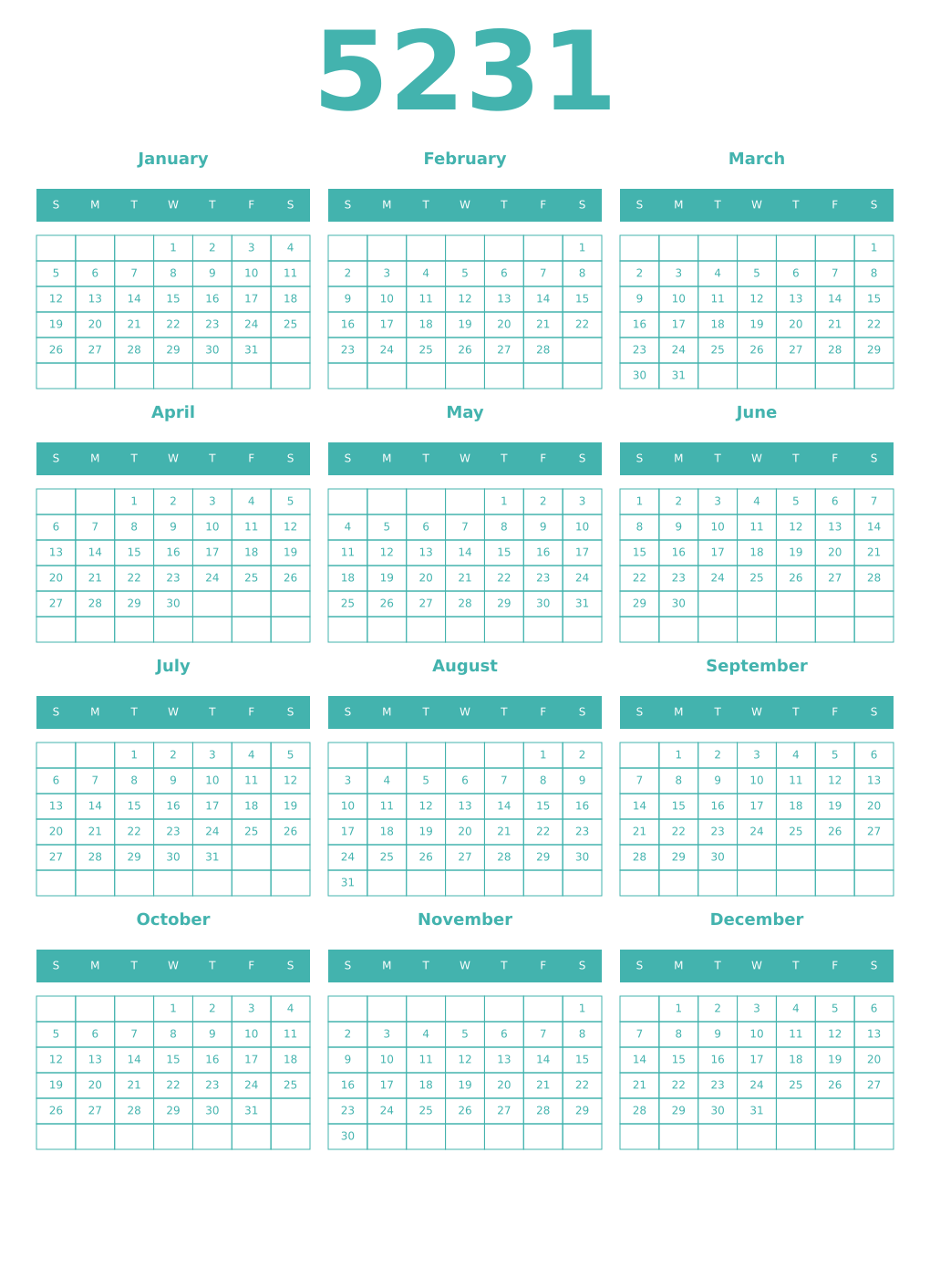 Printable 5231 Year Calendars verdigris