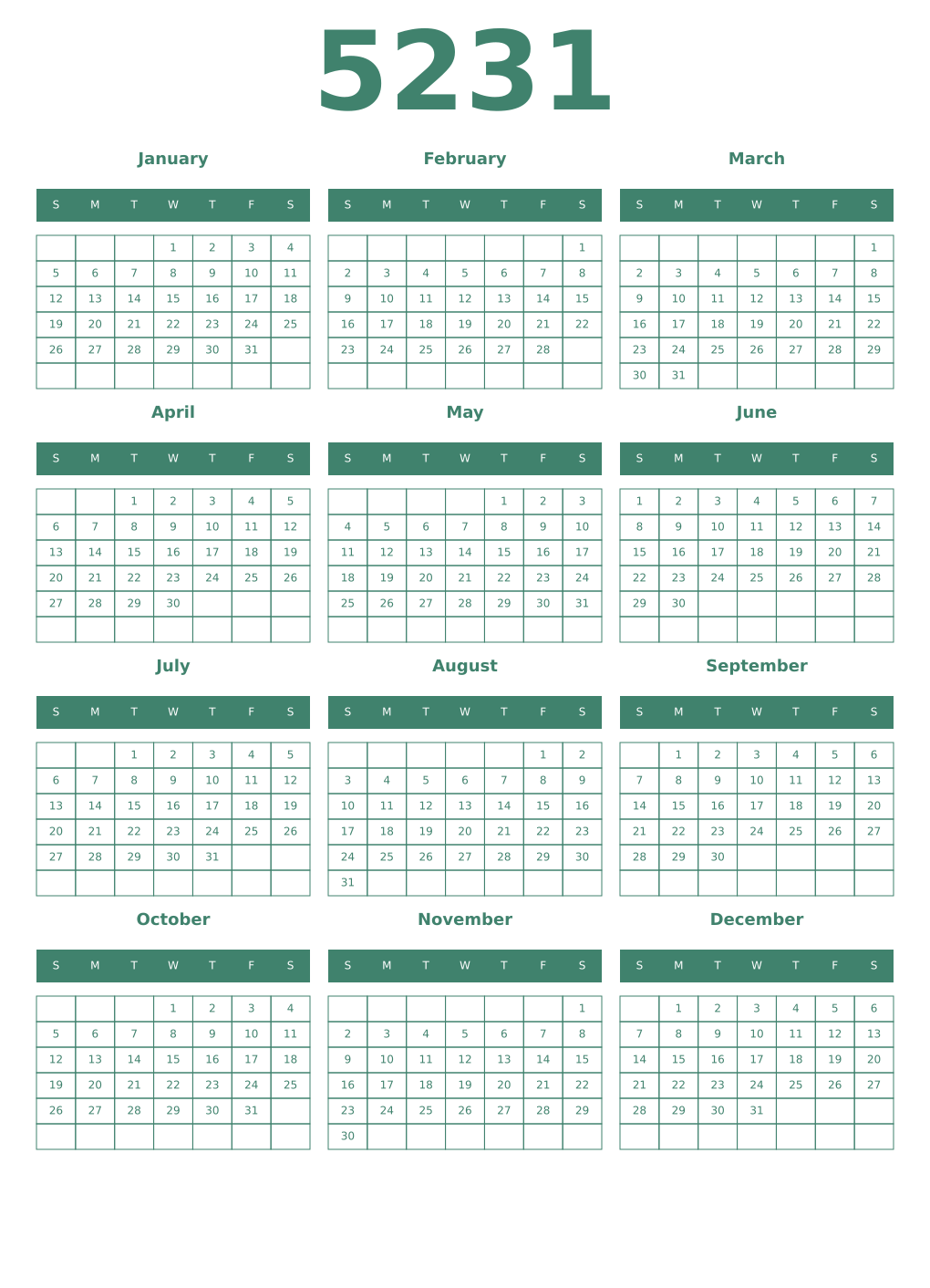 Printable 5231 Year Calendars viridian