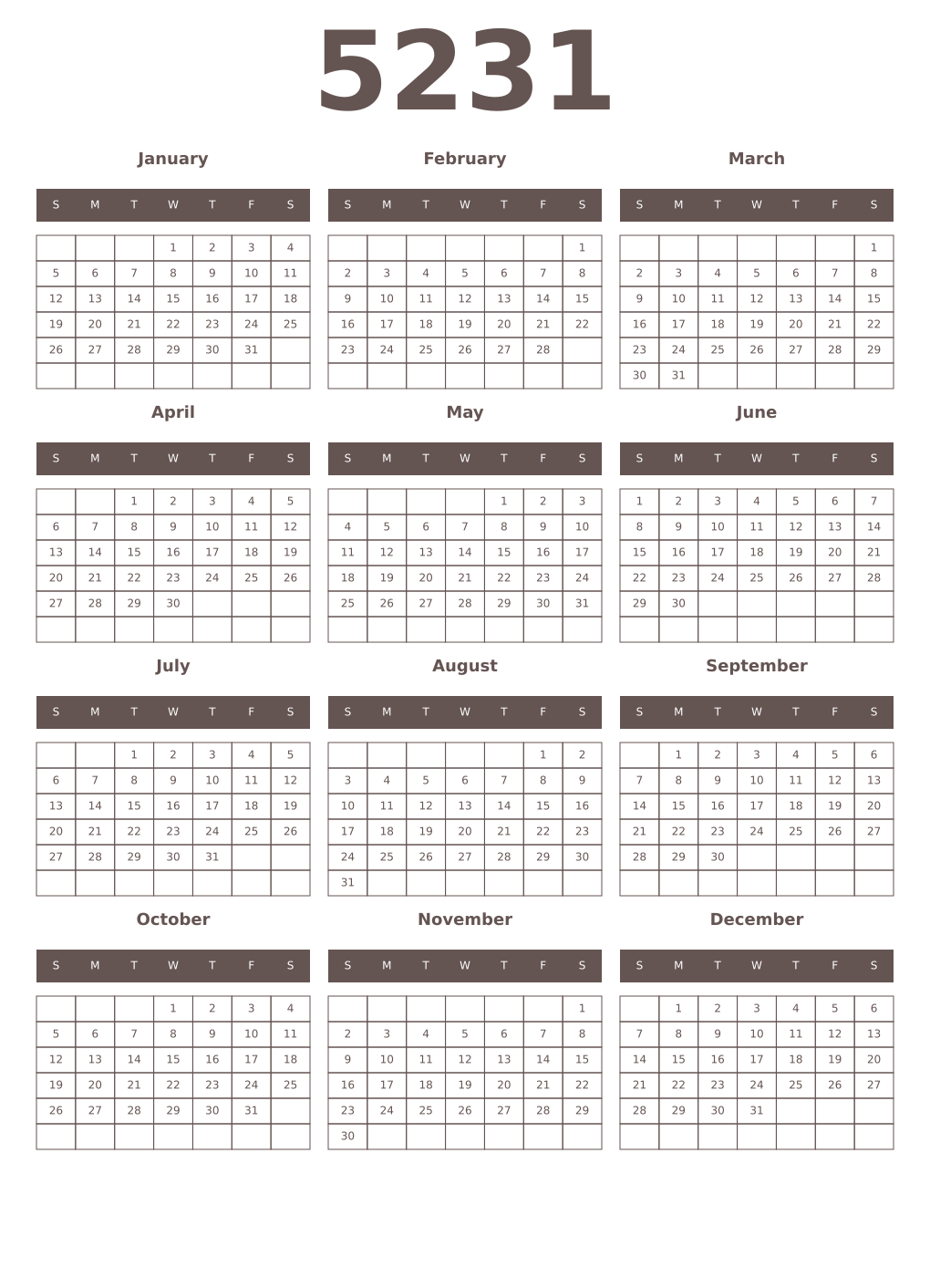 Printable 5231 Year Calendars wenge