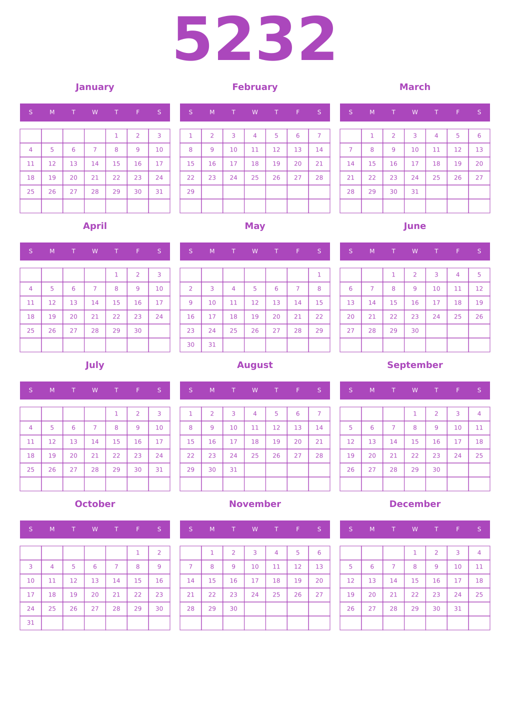Printable 5232 Calendars