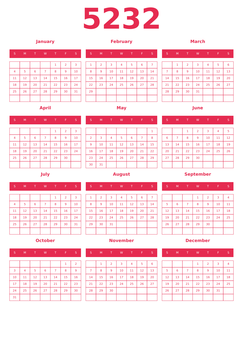 Printable 5232 Year Calendars amaranth