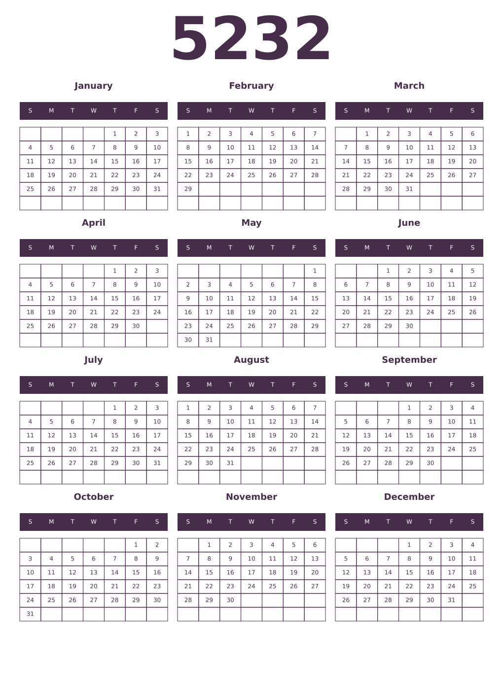 Printable 5232 Year Calendars aubergine
