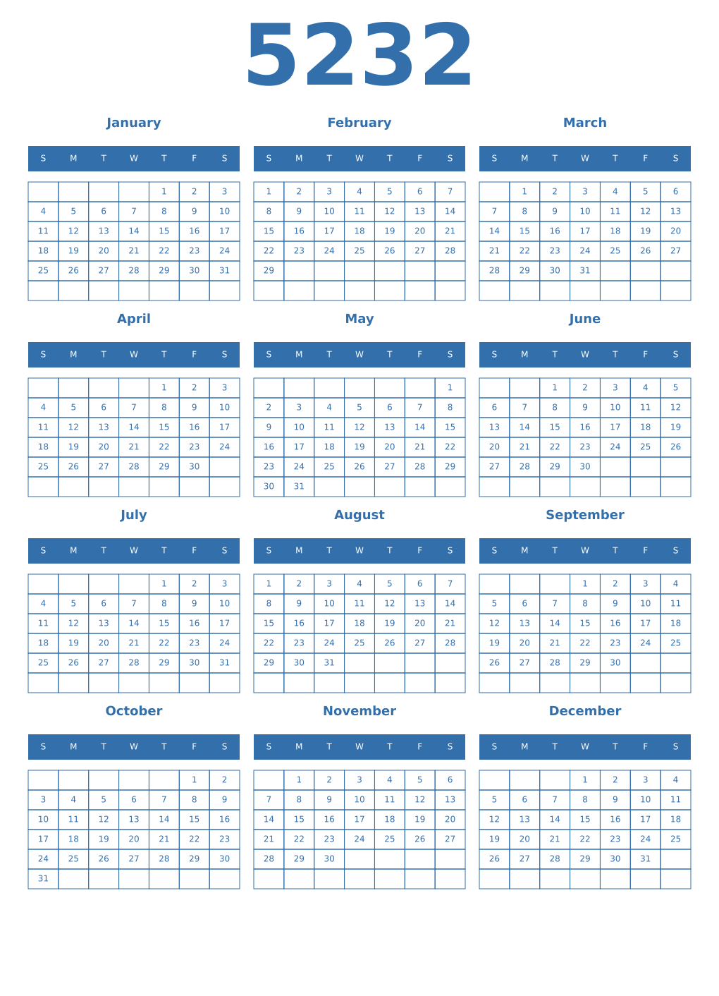 Printable 5232 Year Calendars blue