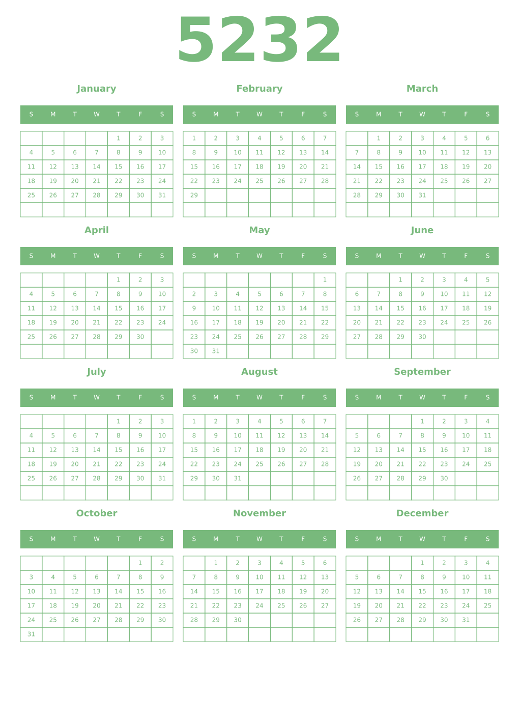 Printable 5232 Year Calendars celadon