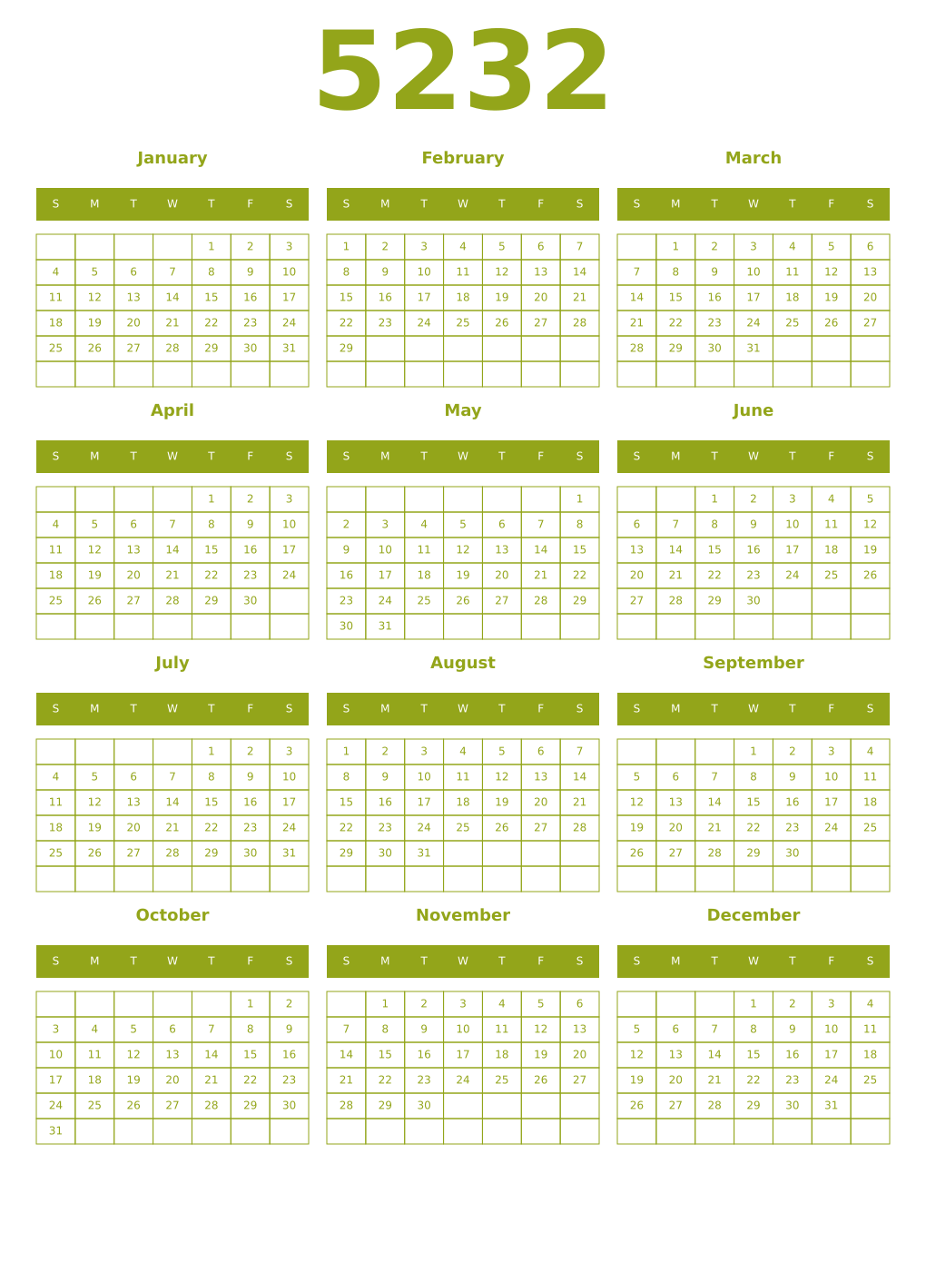 Printable 5232 Year Calendars chartreuse