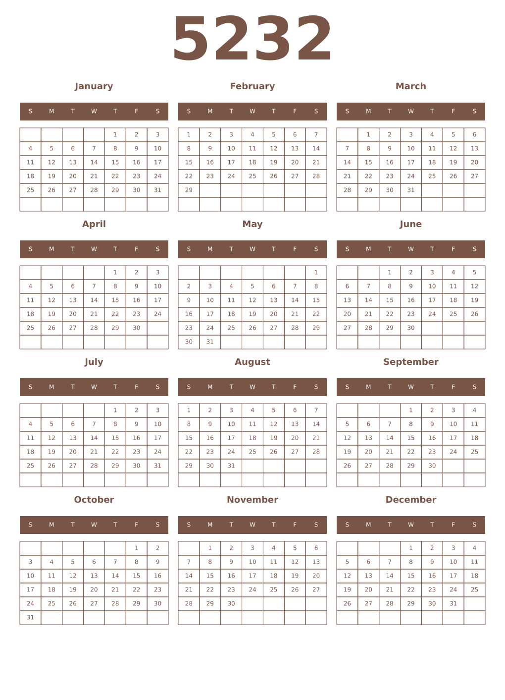 Printable 5232 Year Calendars coffe