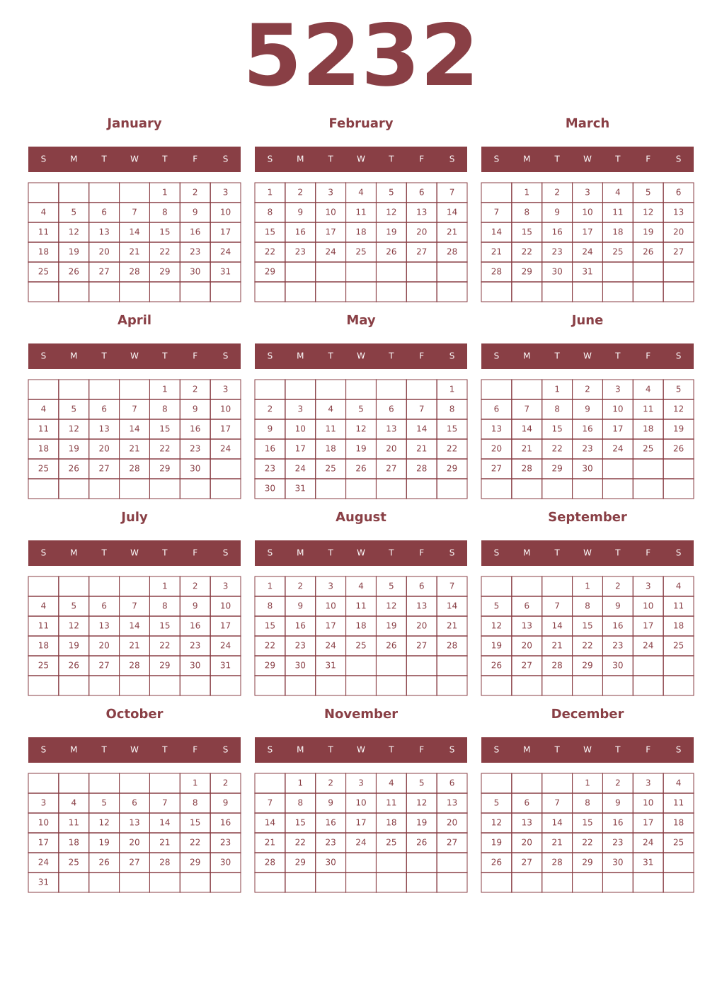 Printable 5232 Year Calendars cordovan