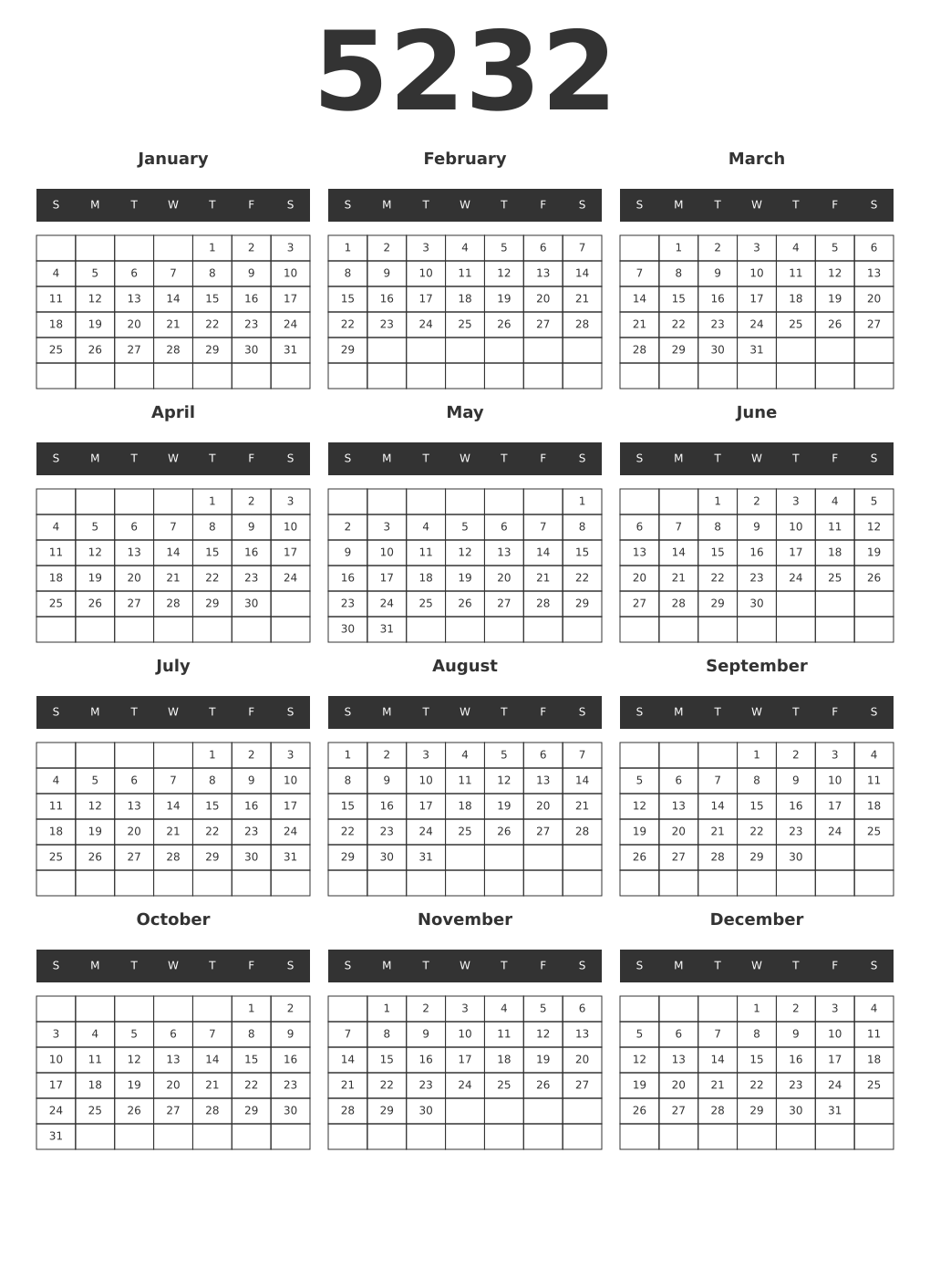 Printable 5232 Year Calendars dark