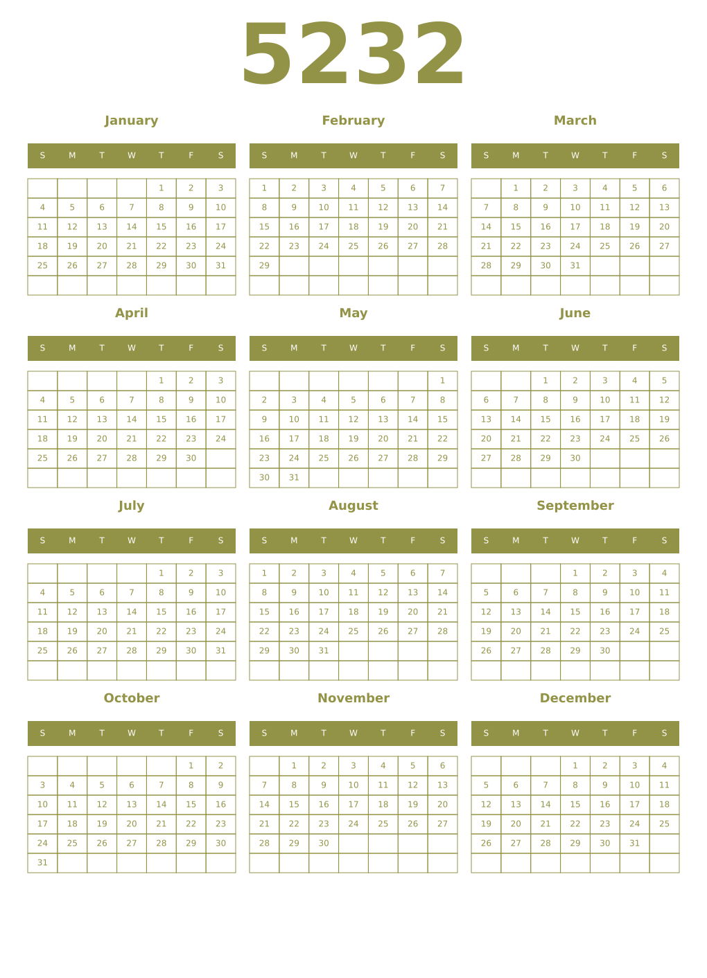 Printable 5232 Year Calendars eburnean