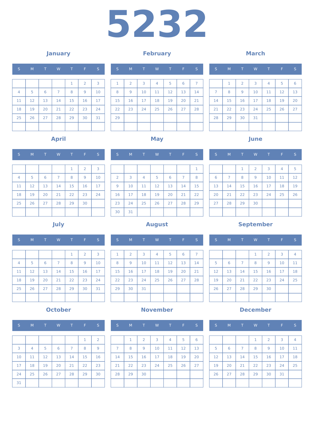 Printable 5232 Year Calendars glaucous