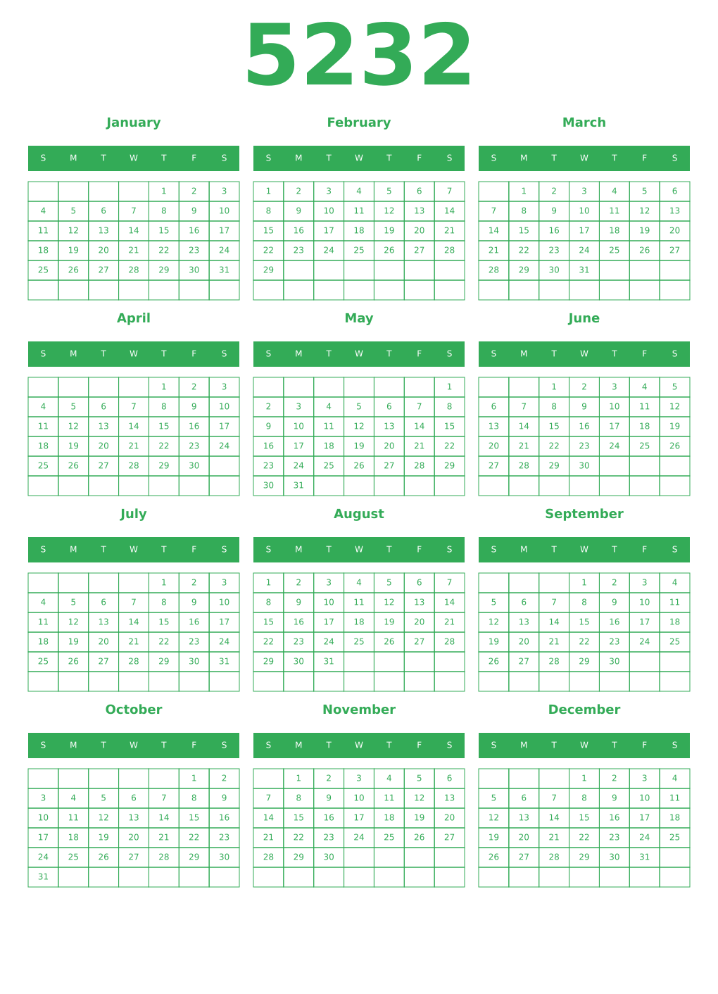 Printable 5232 Year Calendars green