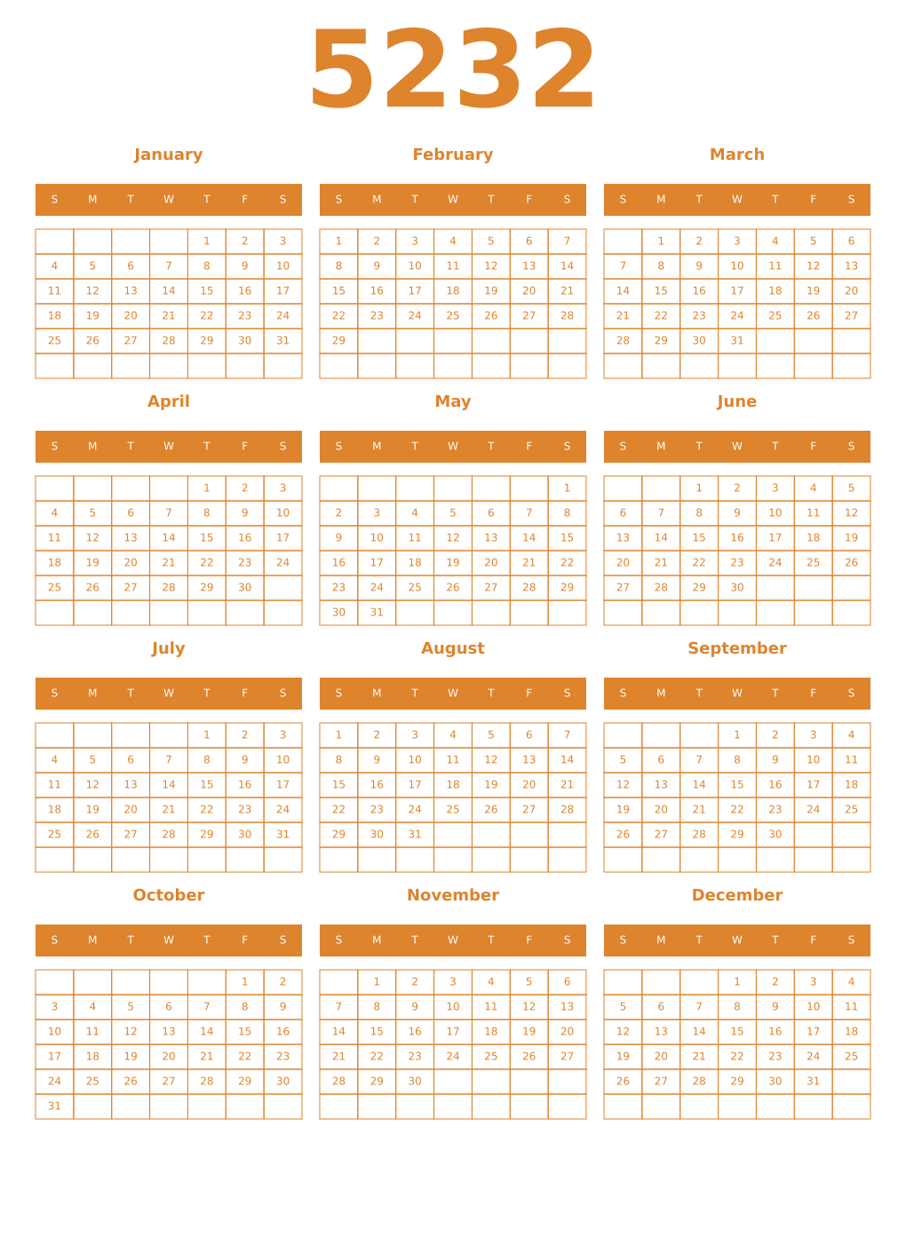 Printable 5232 Year Calendars orange