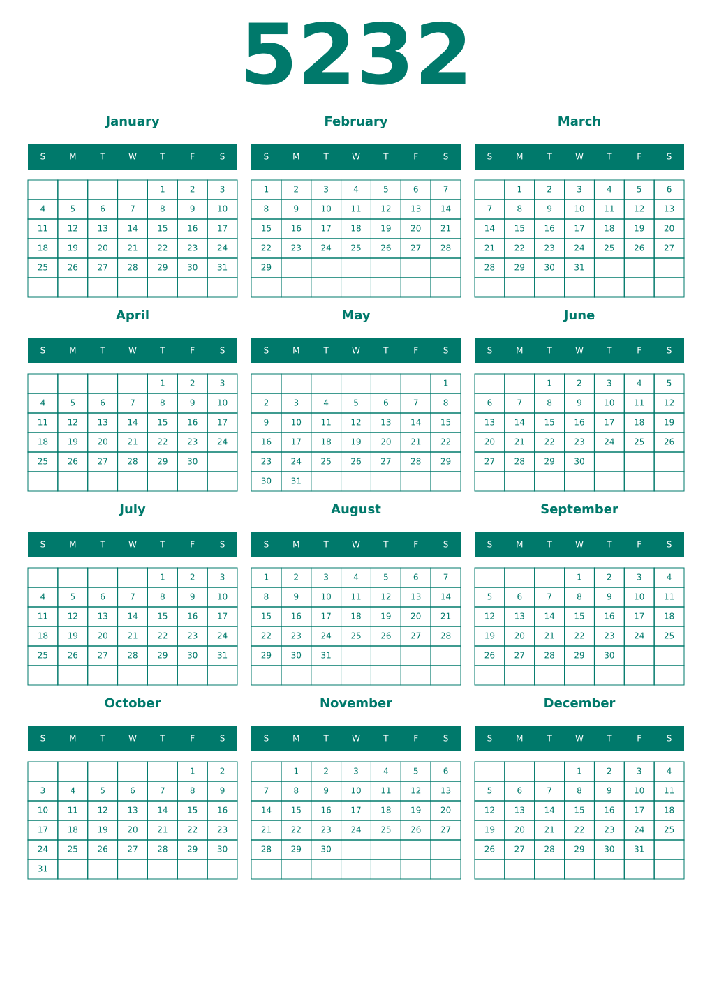 Printable 5232 Year Calendars pastel