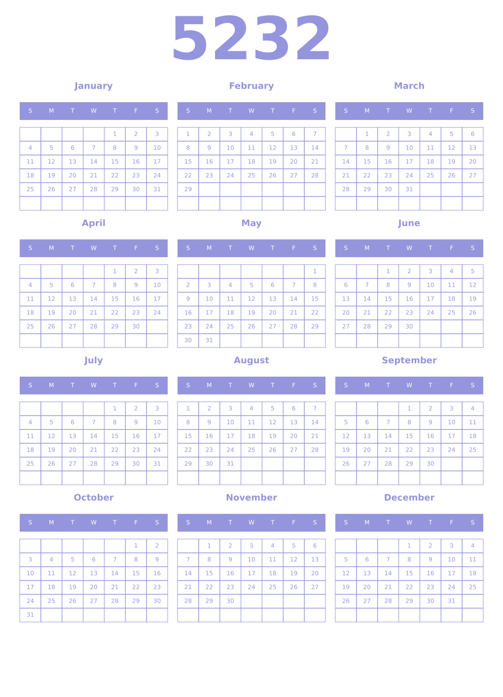 Printable 5232 Year Calendars periwinkle