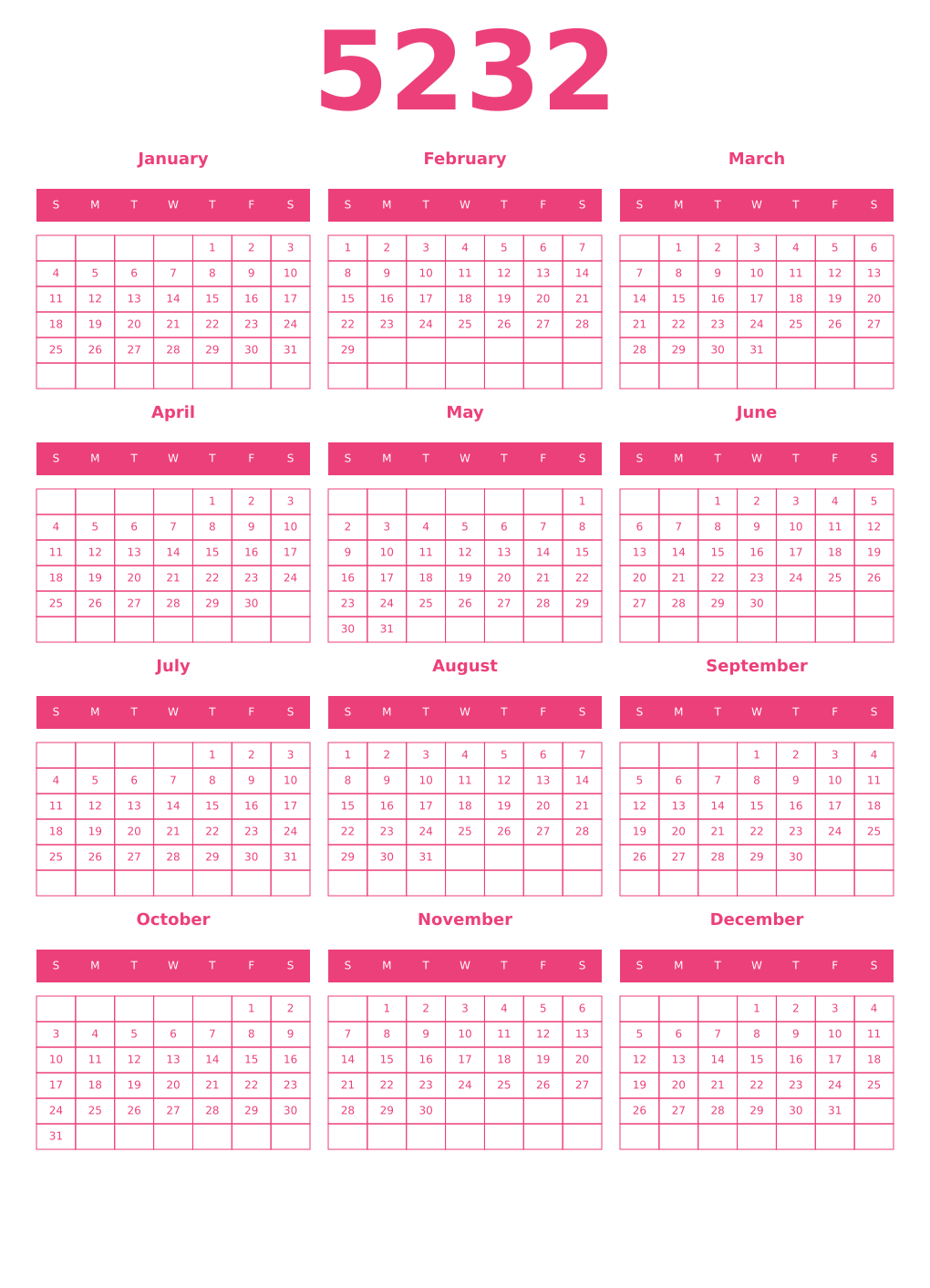 Printable 5232 Year Calendars pink