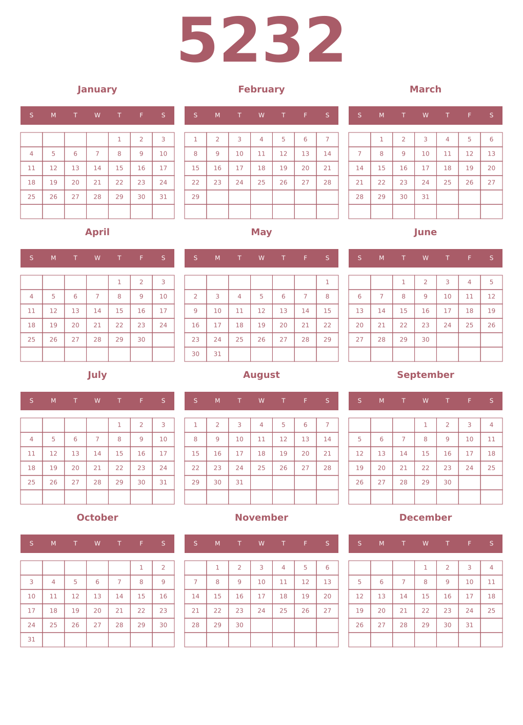 Printable 5232 Year Calendars puce