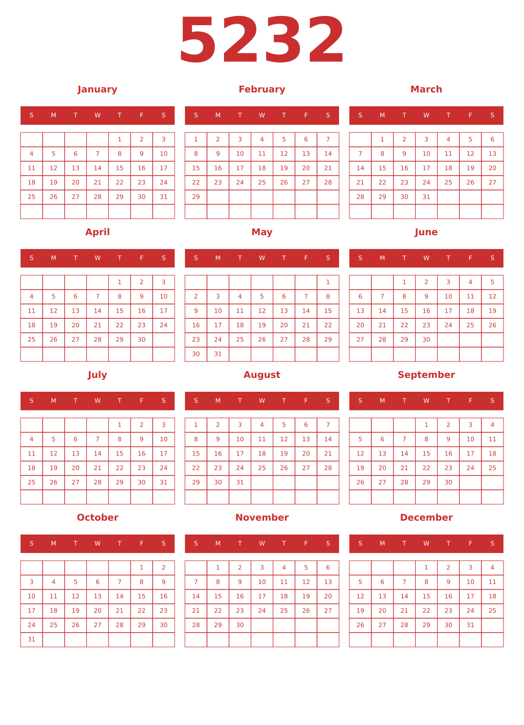 Printable 5232 Year Calendars red