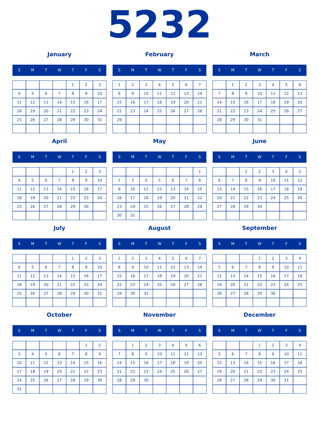 Printable 5232 Year Calendars smalt