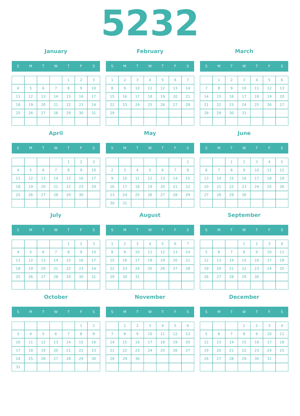Printable 5232 Year Calendars verdigris