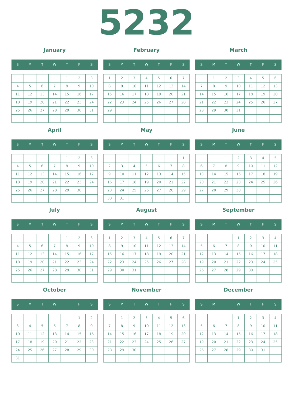Printable 5232 Year Calendars viridian