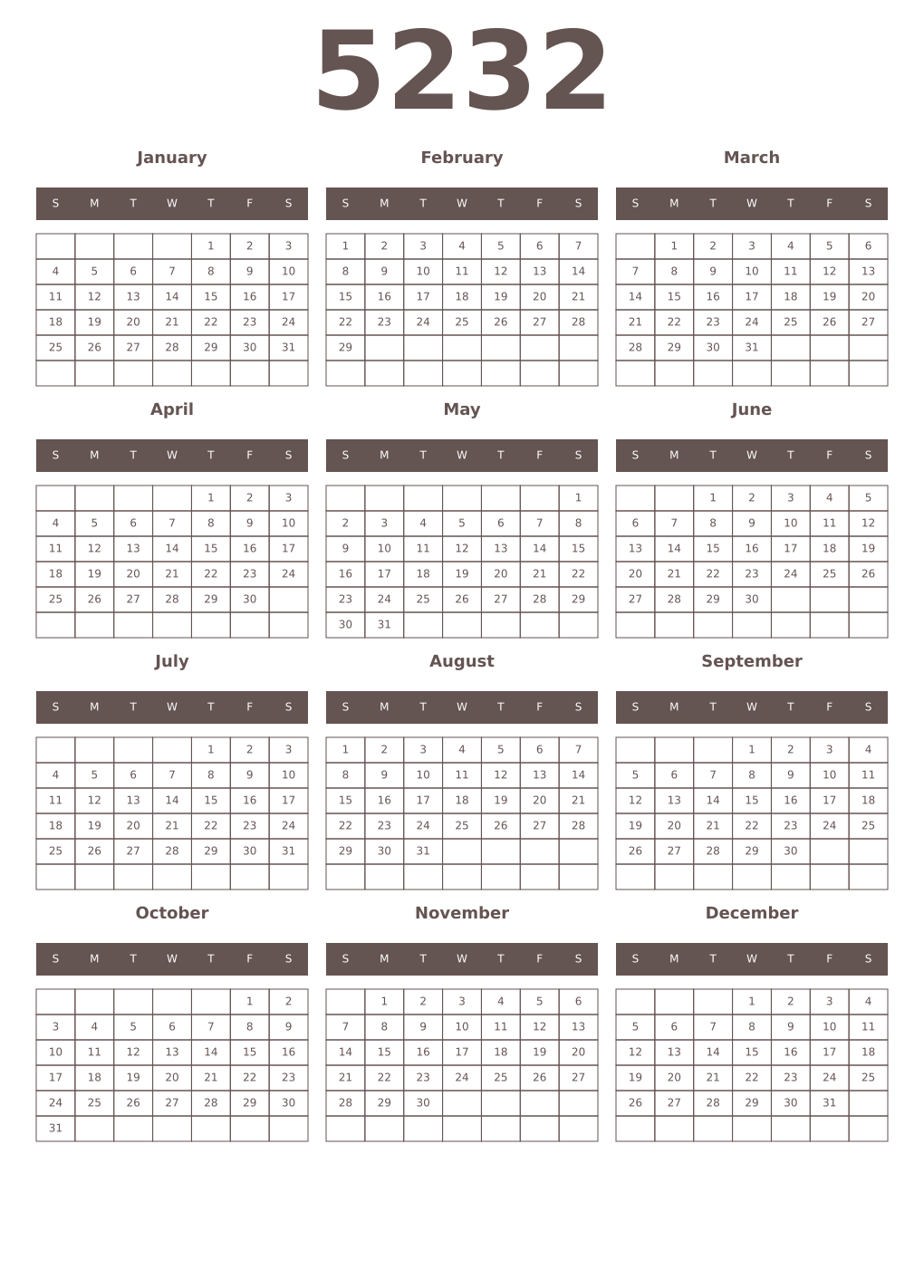 Printable 5232 Year Calendars wenge