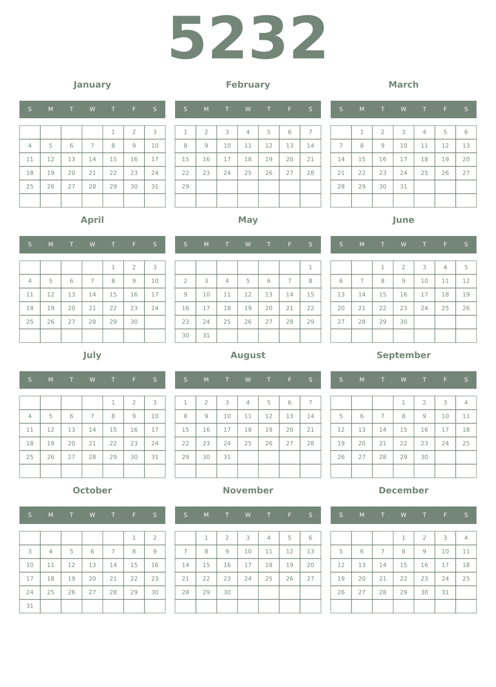 Printable 5232 Year Calendars xanadu