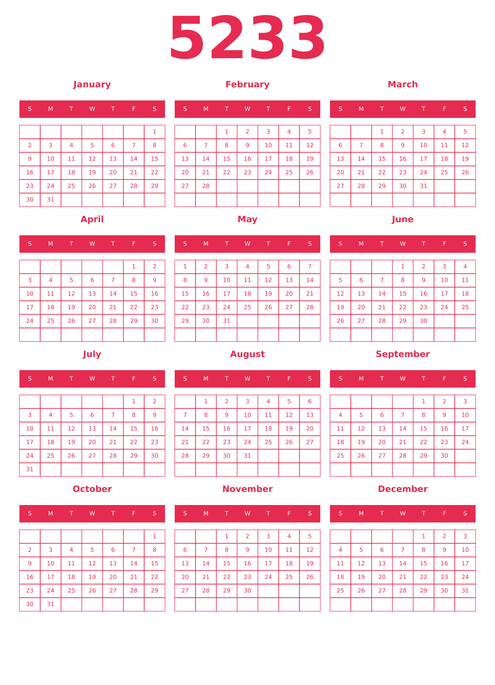 Printable 5233 Year Calendars amaranth
