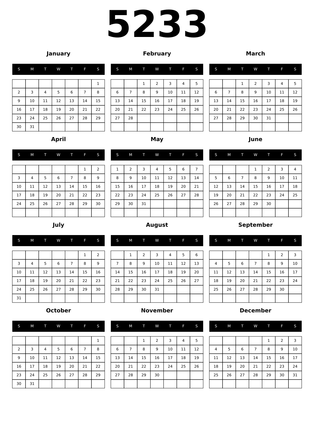 Printable 5233 Year Calendars black
