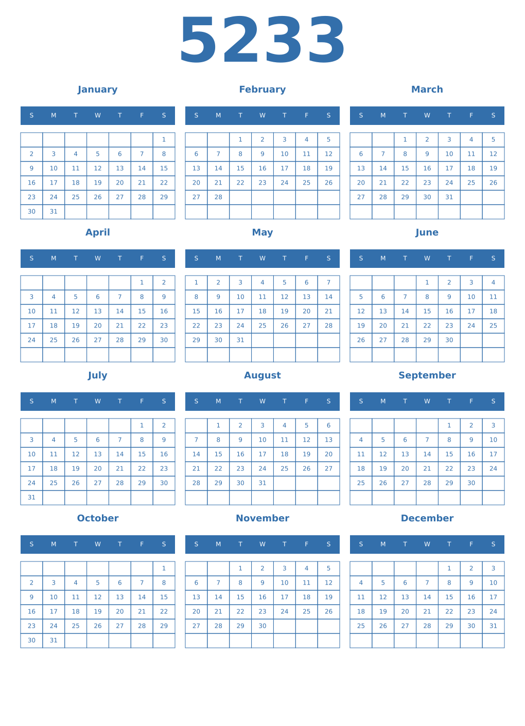 Printable 5233 Year Calendars blue