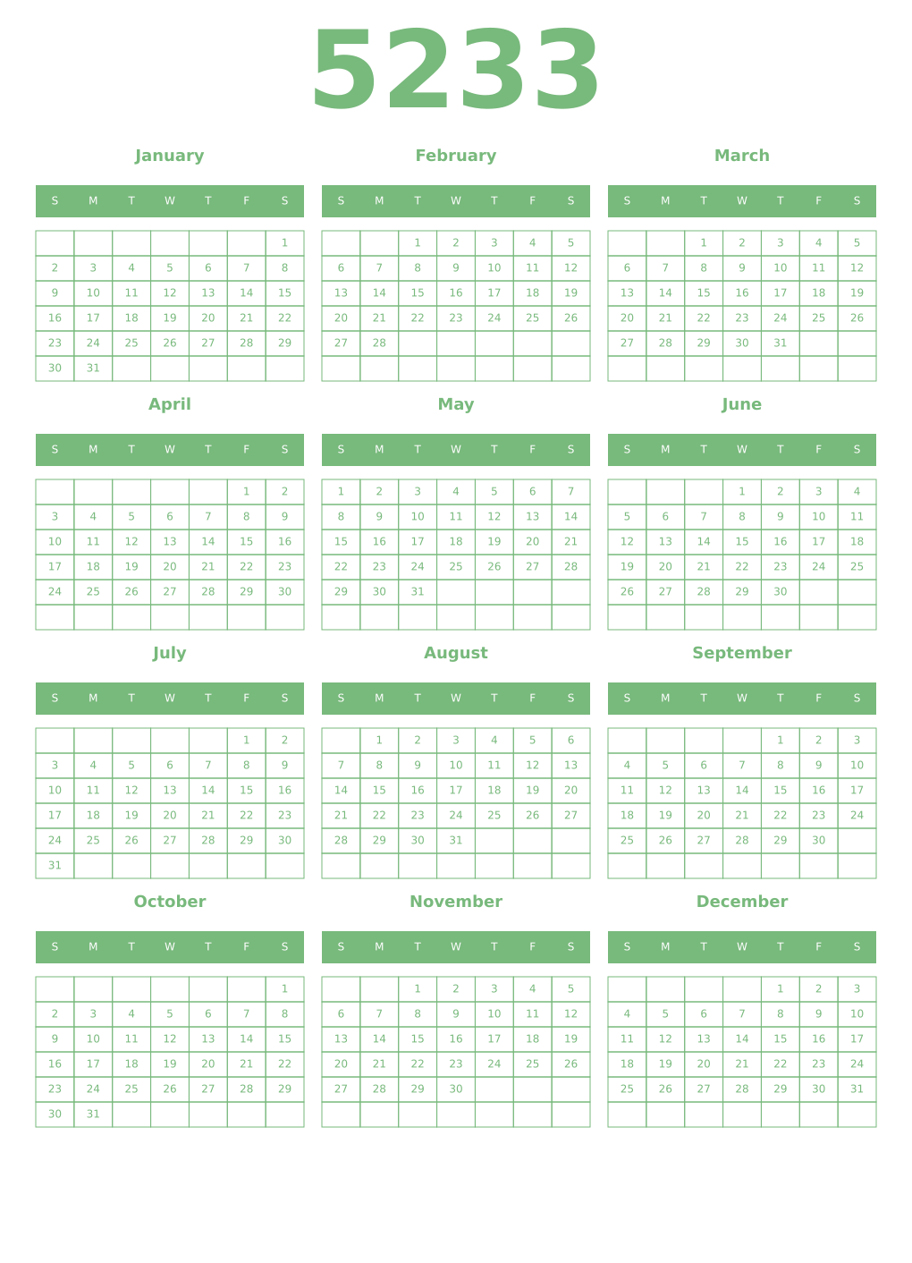 Printable 5233 Year Calendars celadon