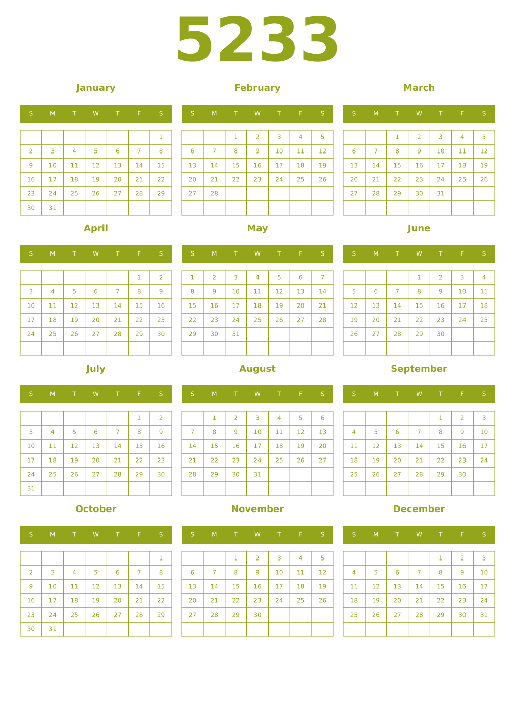Printable 5233 Year Calendars chartreuse