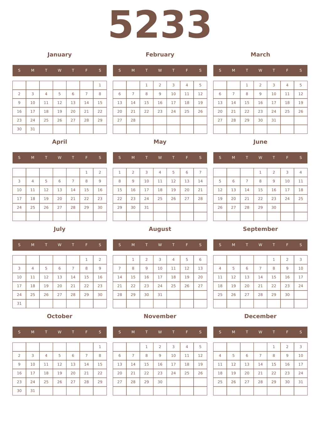Printable 5233 Year Calendars coffe