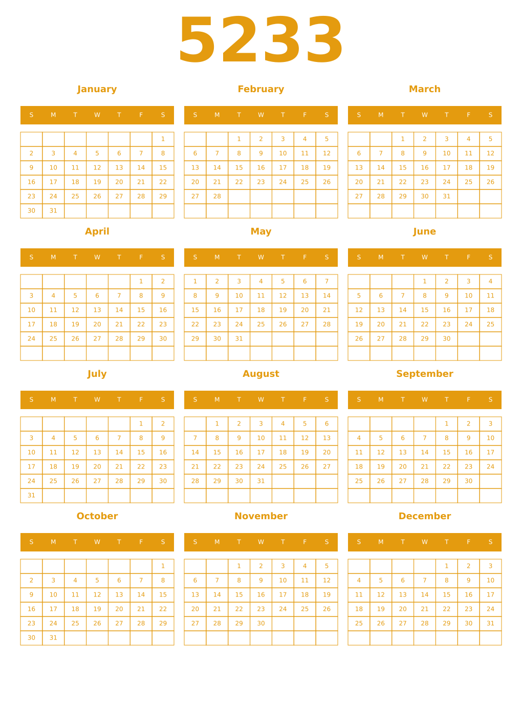 Printable 5233 Year Calendars gamboge