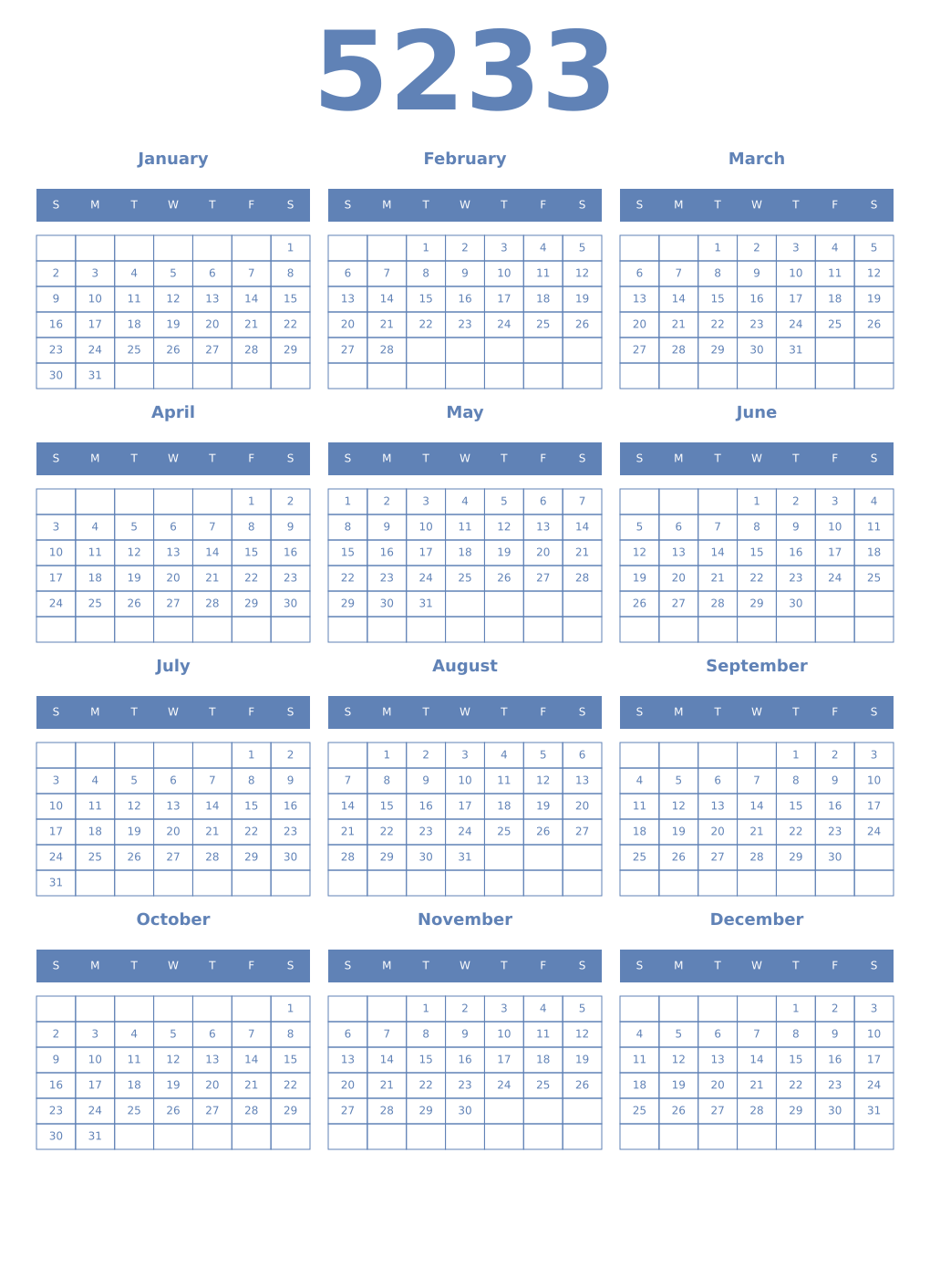 Printable 5233 Year Calendars glaucous