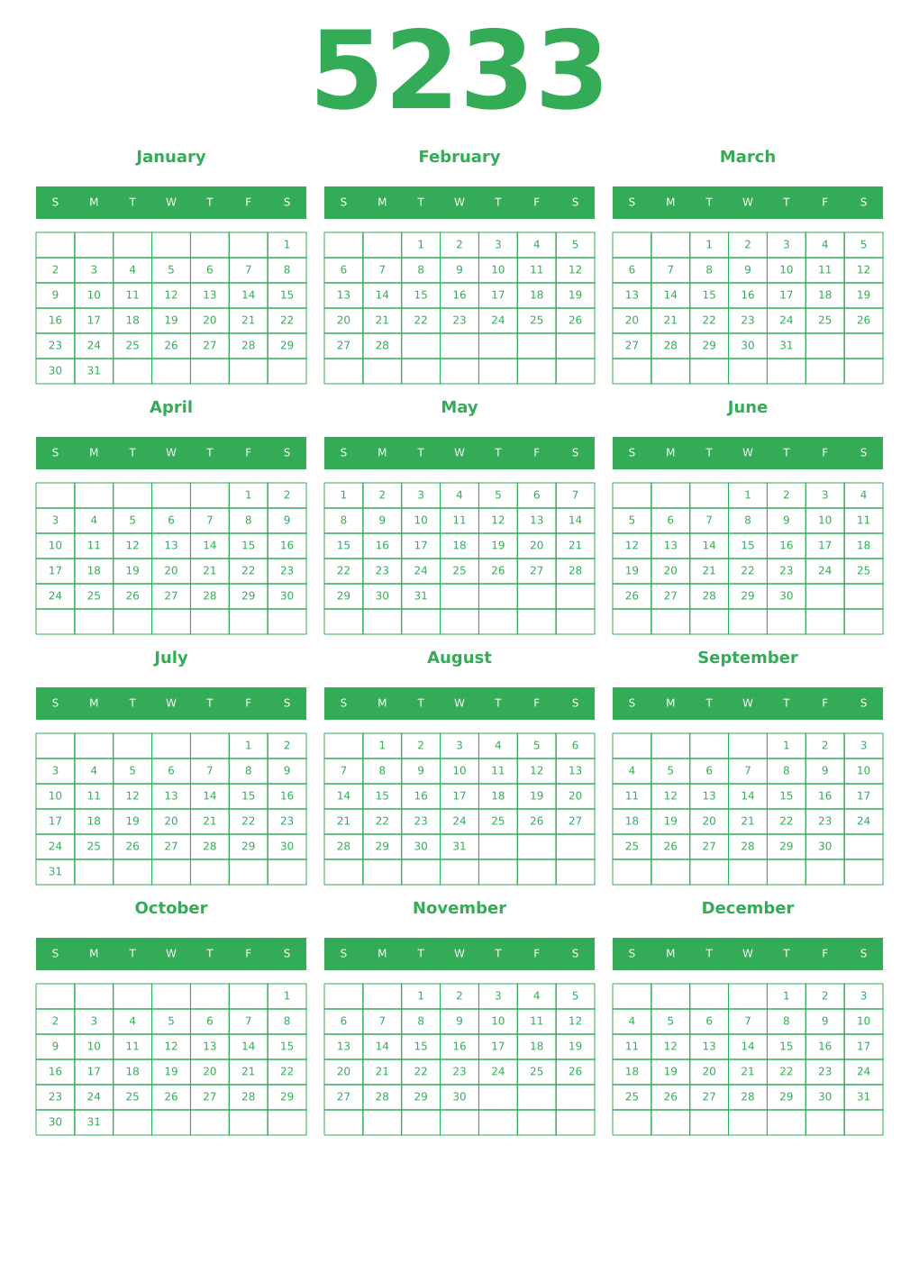 Printable 5233 Year Calendars green