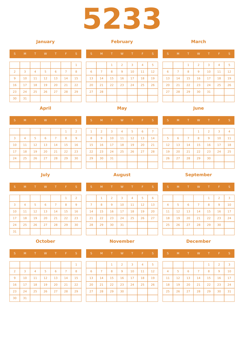 Printable 5233 Year Calendars orange