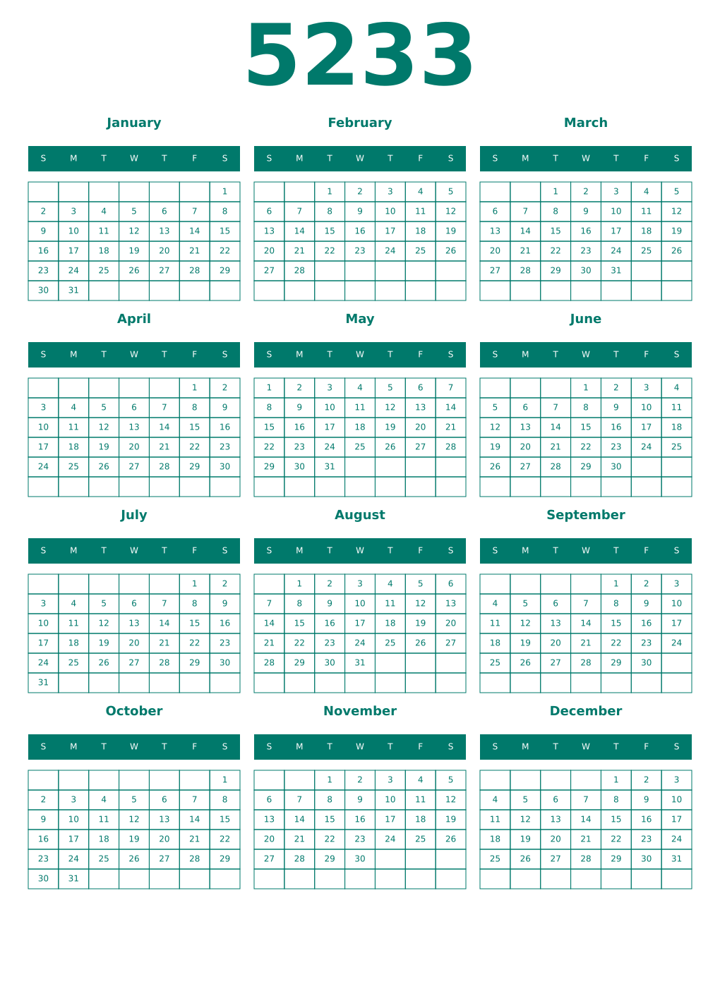 Printable 5233 Year Calendars pastel