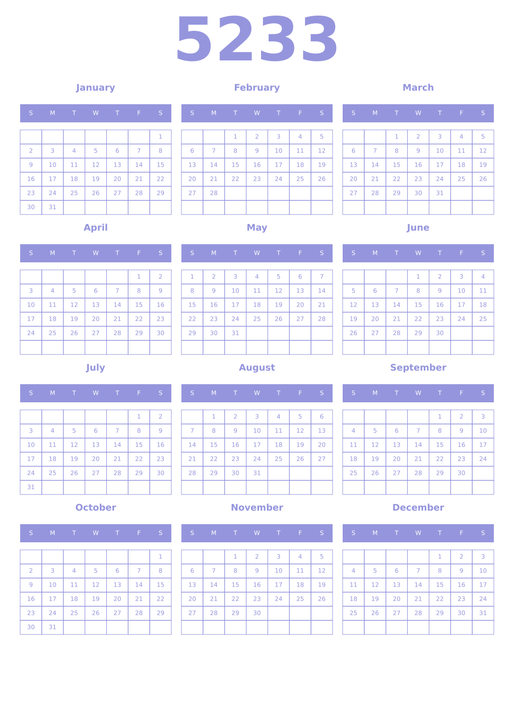 Printable 5233 Year Calendars periwinkle