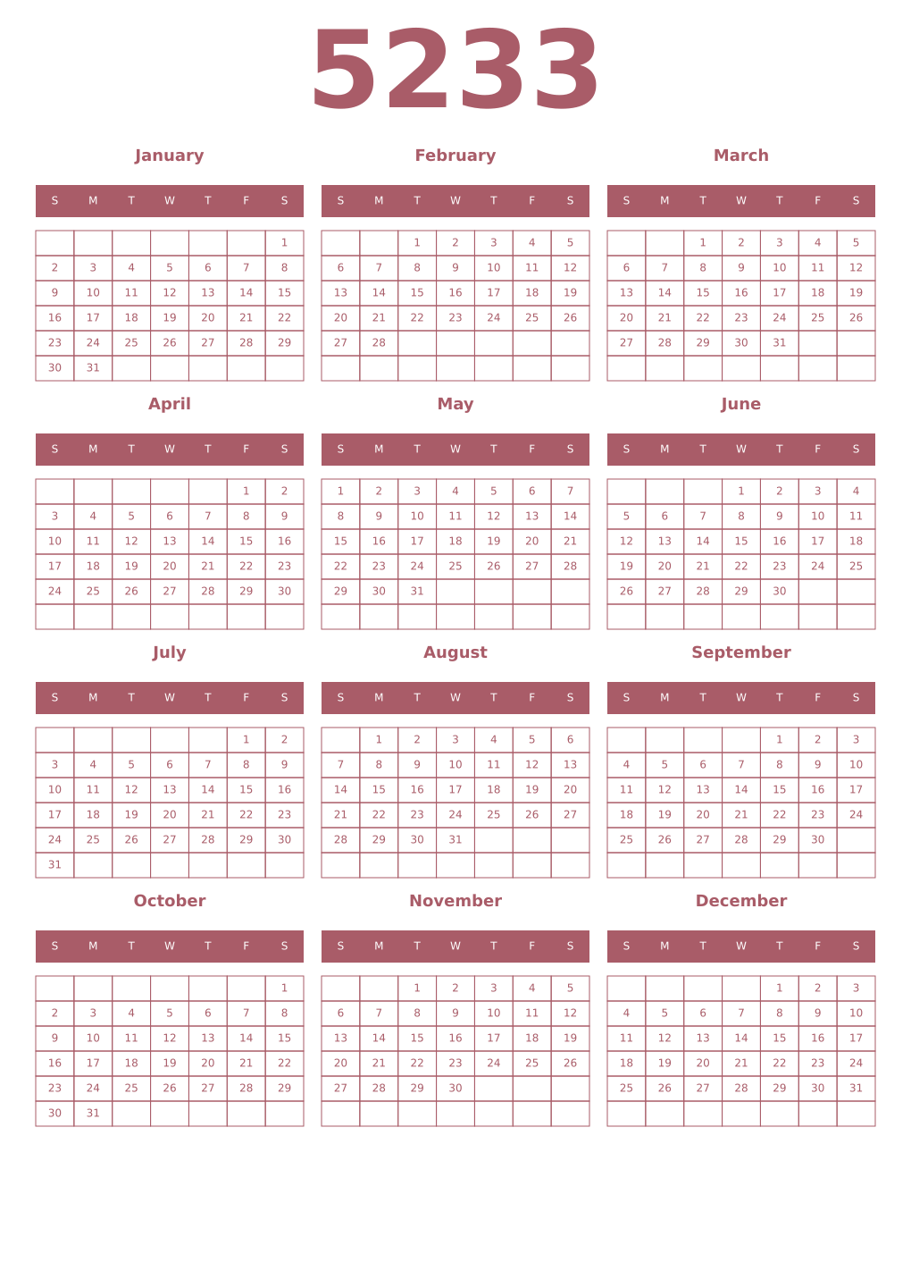 Printable 5233 Year Calendars puce