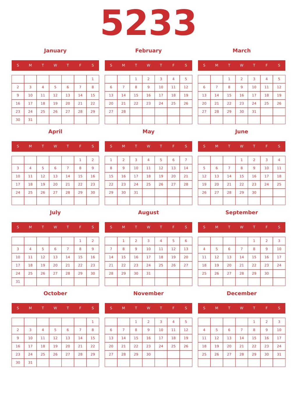 Printable 5233 Year Calendars red