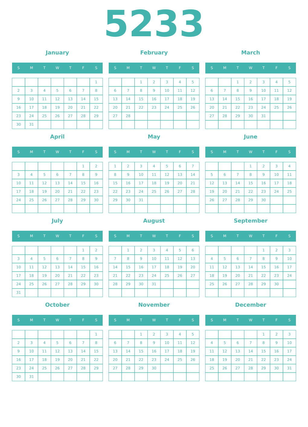 Printable 5233 Year Calendars verdigris