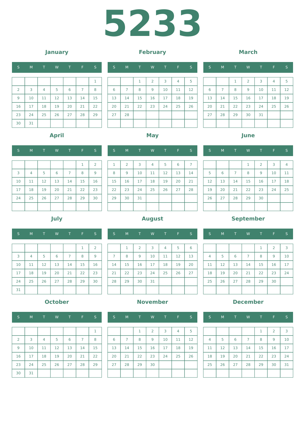 Printable 5233 Year Calendars viridian