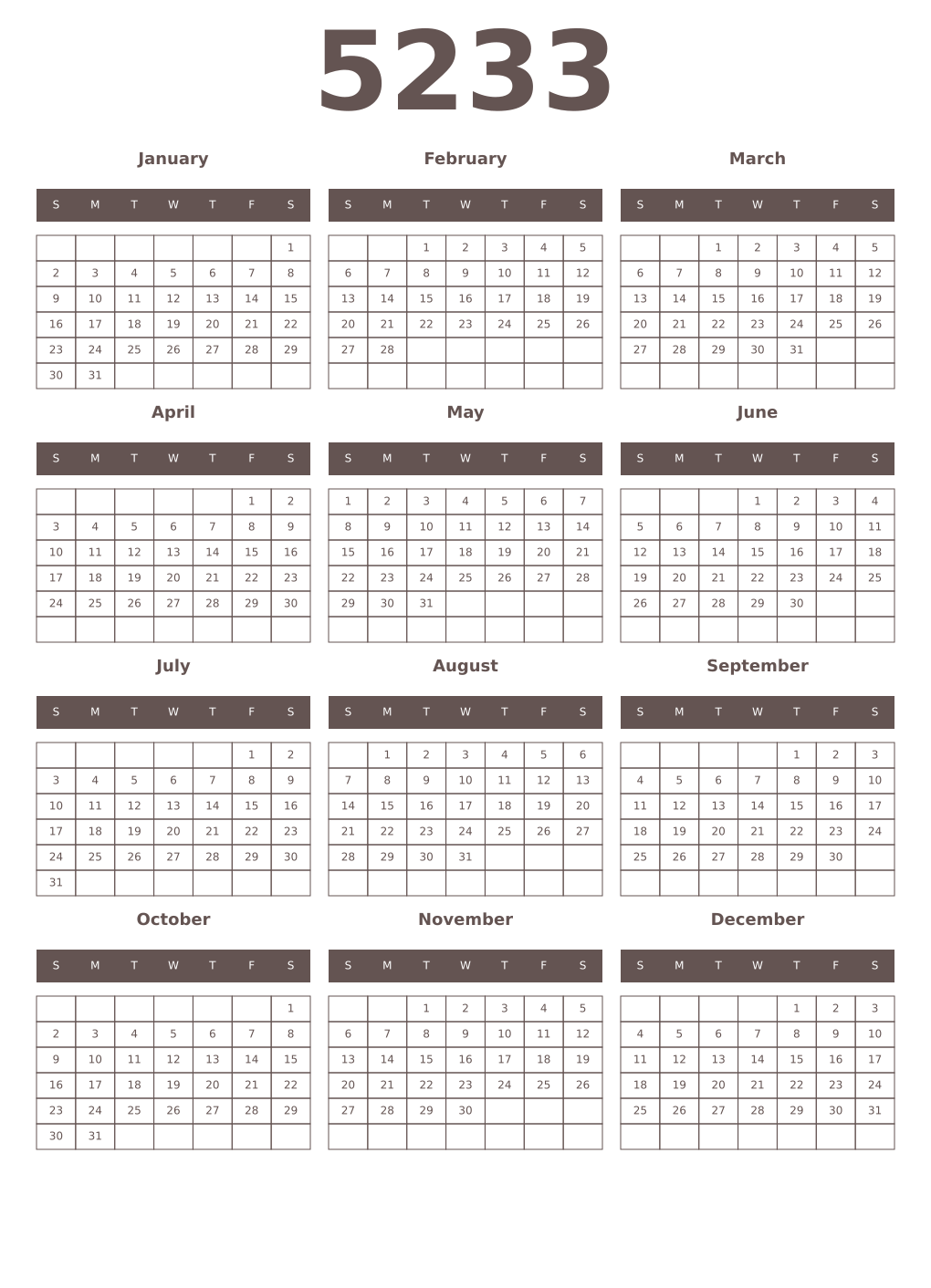 Printable 5233 Year Calendars wenge